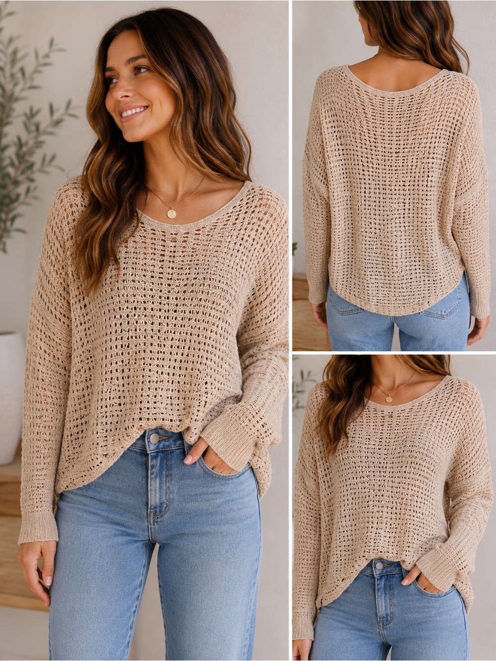 Billabong Open-Knit Scoop Neck Sweater in Beige